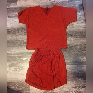 Red V-Neck Top and Shorts Set